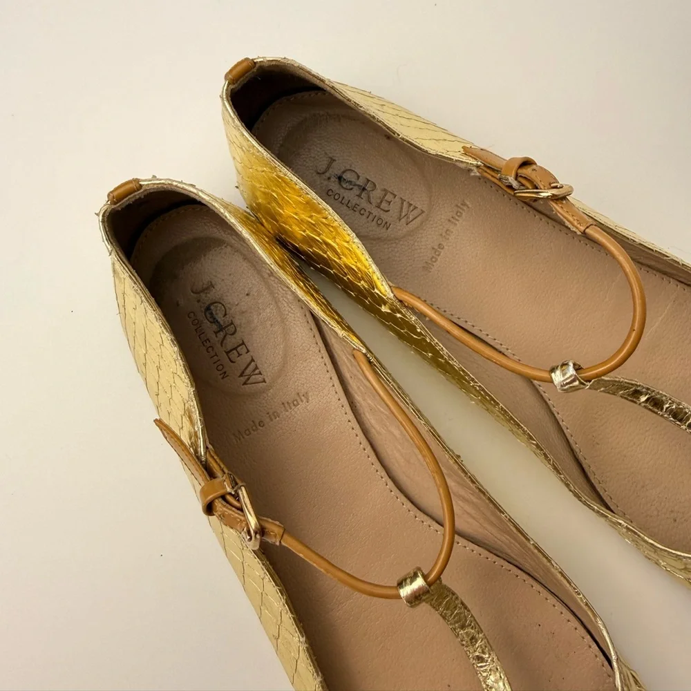J.Crew Metallic Gold Snakeskin‎ Leather Flats Tan Cap Toe T Strap Sz 7
